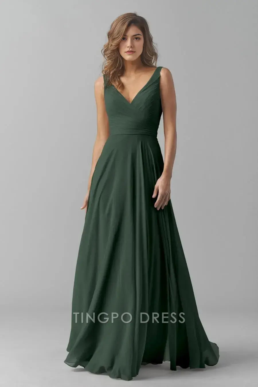 TingPo Wholesale Elegant Dark Green Deep V Dress - Sleeveless Ruched - Waist Chiffon Maxi Evening Gown
